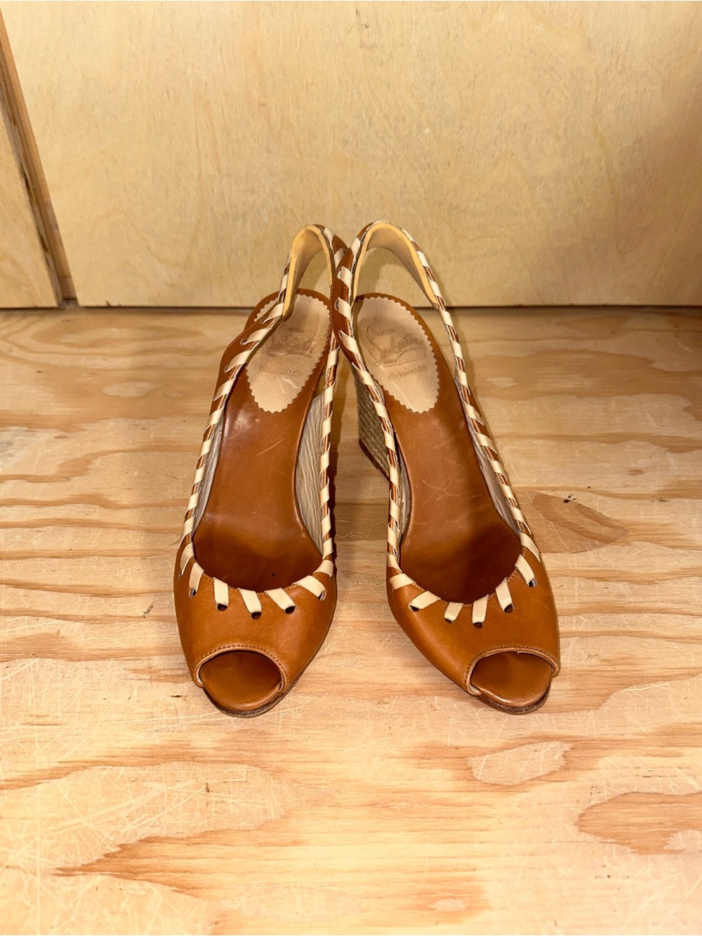 Christian Louboutin Tan Braided Peep-Toe Wedge Sandals - Picture 3 of 5